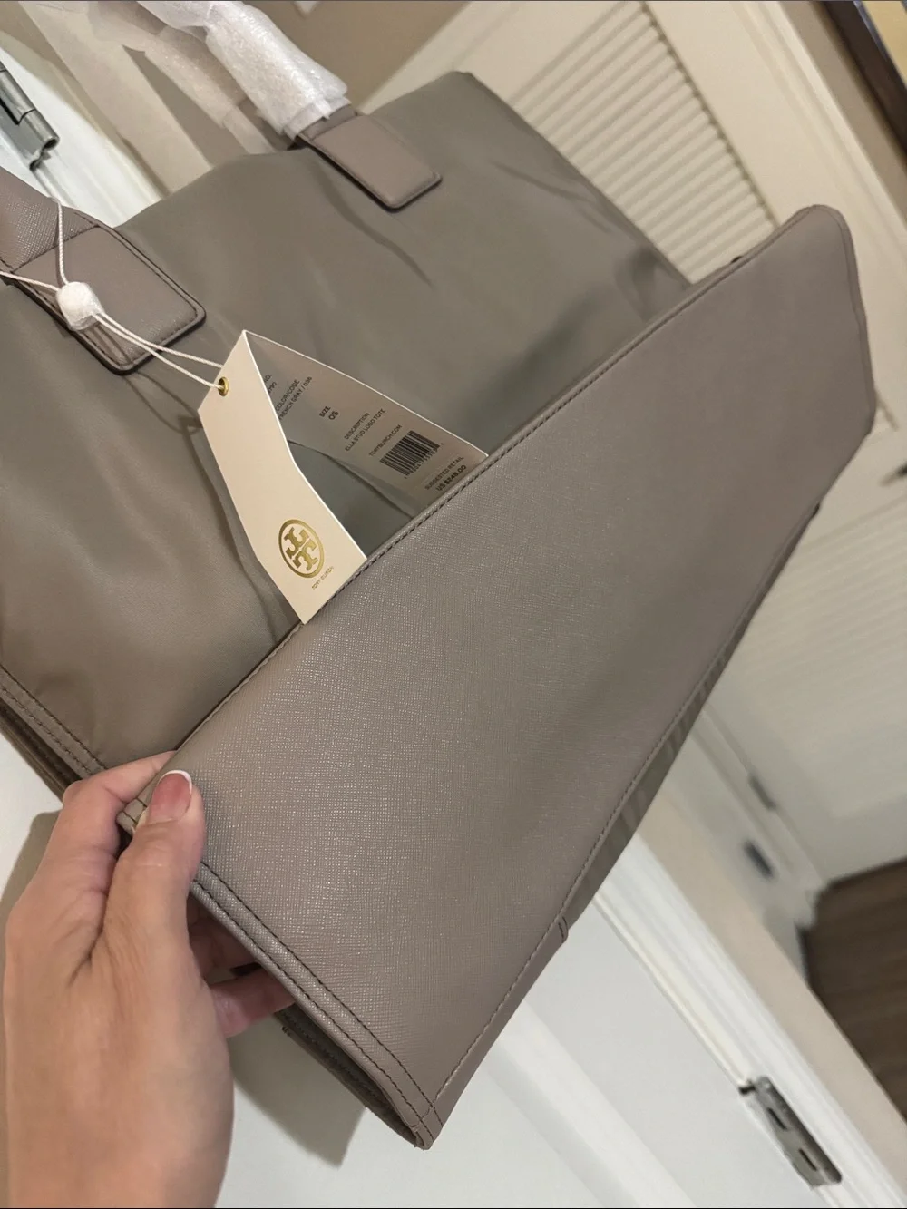 Tory Burch Taupe Nylon Tote with Studded Logo